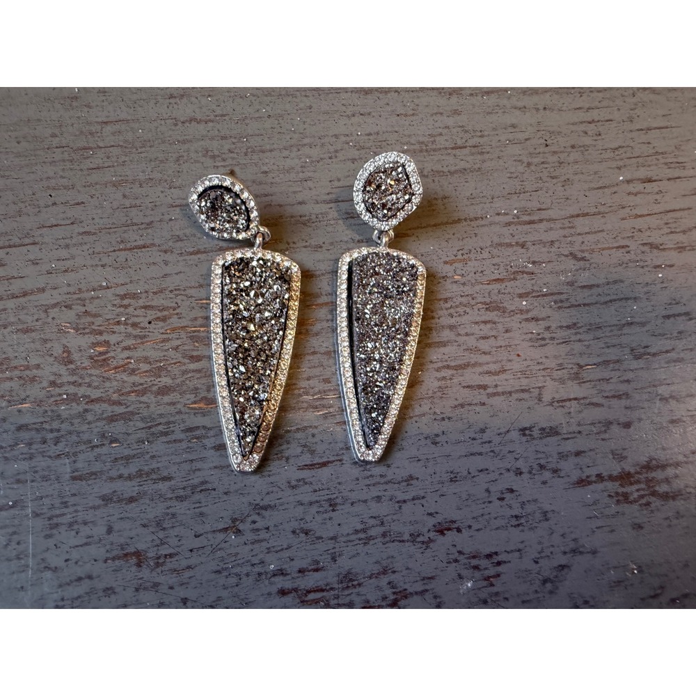 Silver Tone Dark Grey Druzy Crystal Geometric Shield Drop Dangle Earrings